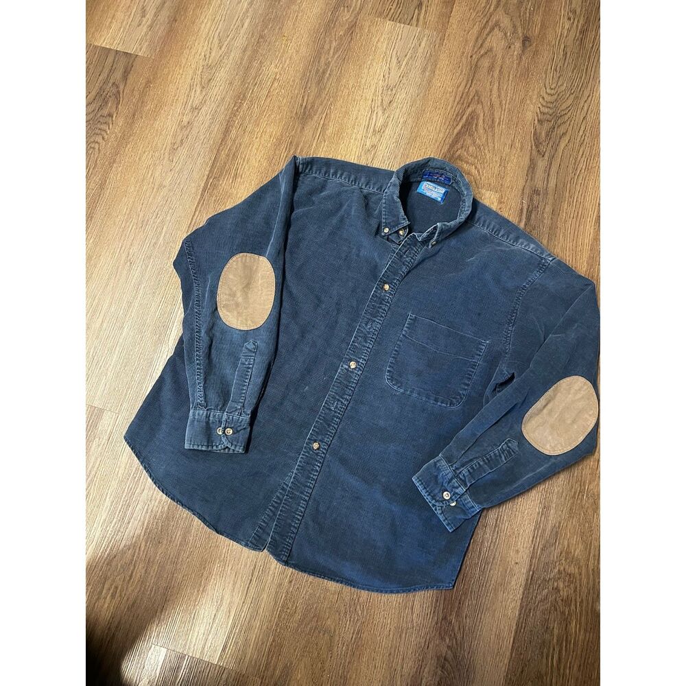 Vintage Pendleton Corduroy Button Up Shirt Elbow Patches Navy Blue Mens L